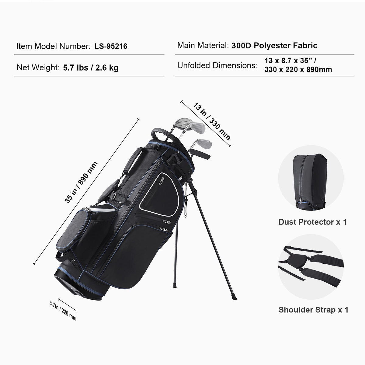 Golf Cart Bag with 14-Way Organizer and Multiple Pockets - Waterproof, Black & White