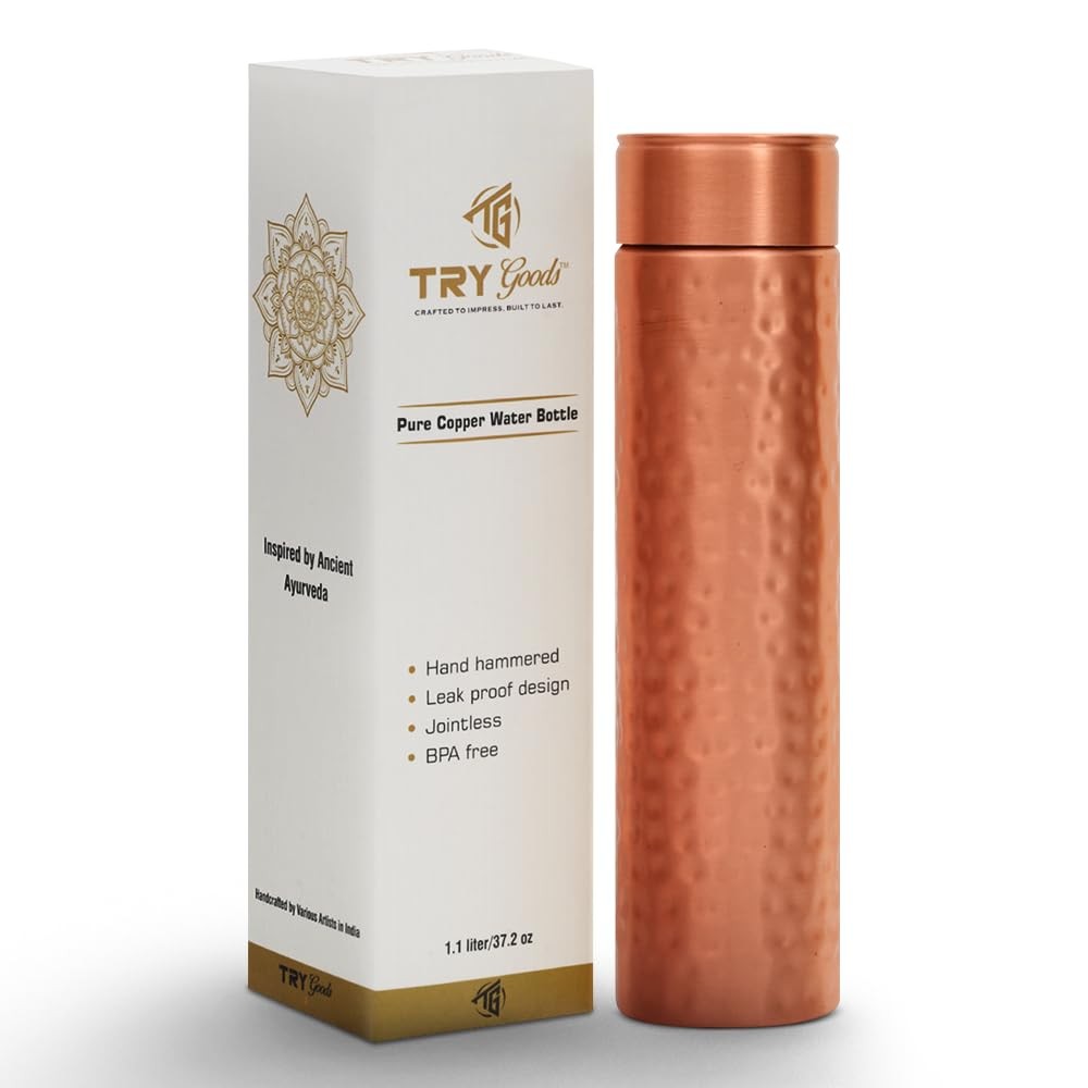 Pure Copper Water Bottle 37.2 OZ Handmade Hammered Finish Leak-Proof Travel Flask