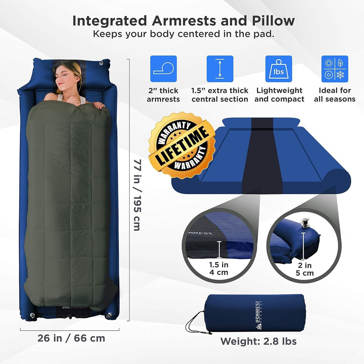 Self-Inflating Camping Sleeping Pad with Pillow & Armrest - Extra Thick 2 Inch