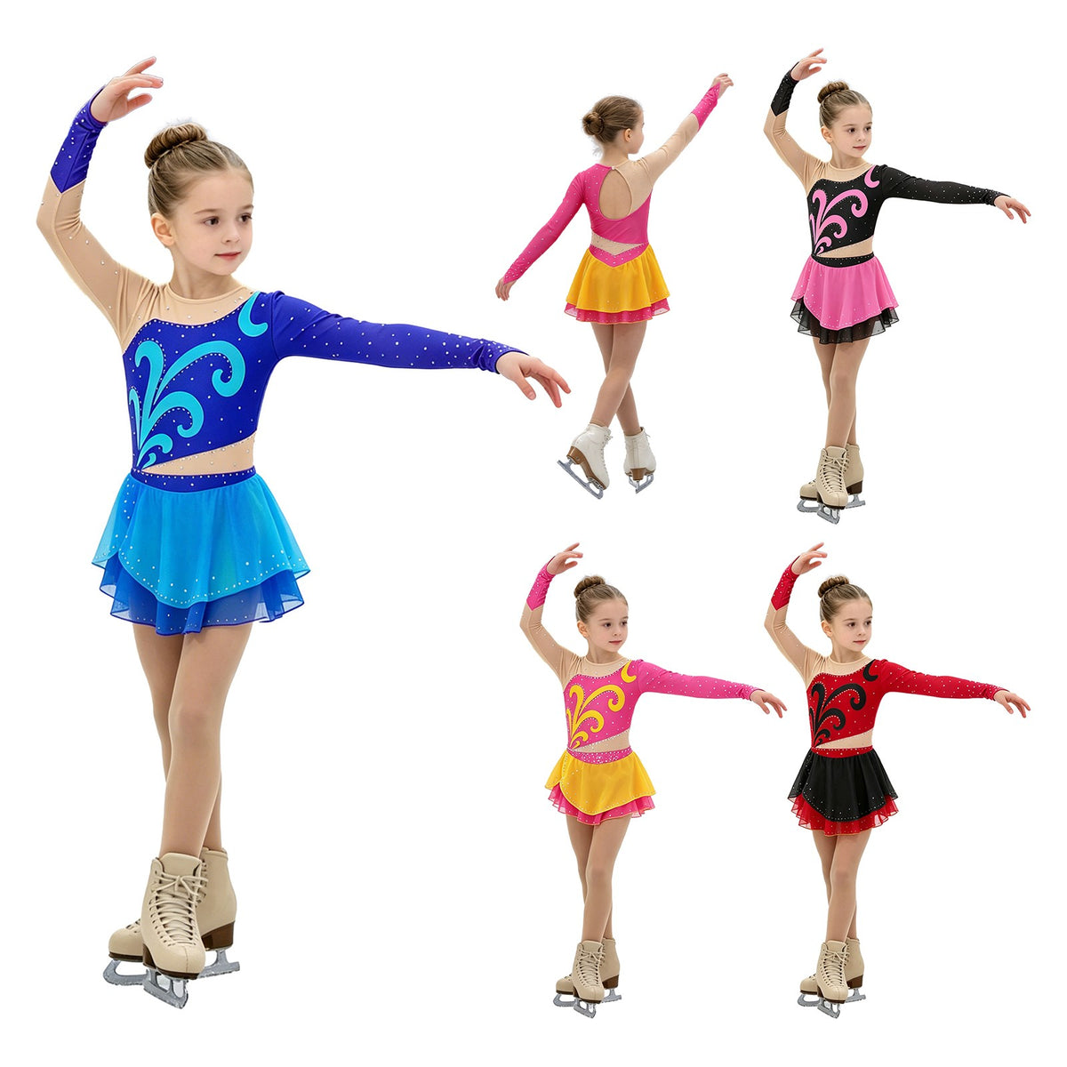 Girls Figure Skating Dress Long Sleeve Rhinestone Mesh Ice Skating Competition