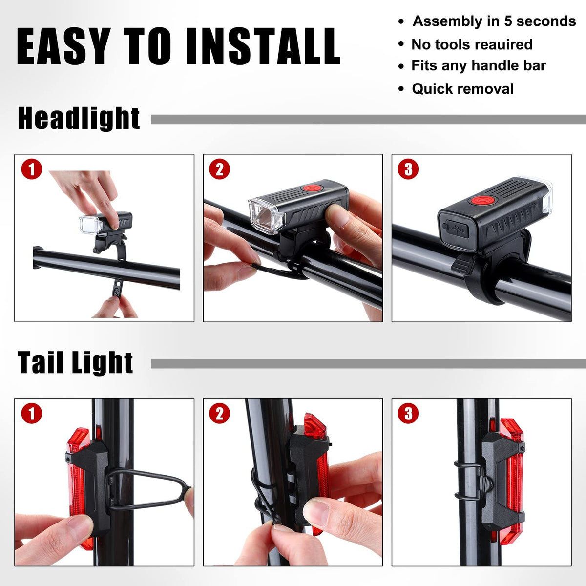 6 Sets Bicycle Front and Rear Lights Waterproof USB Rechargeable for Night Riding