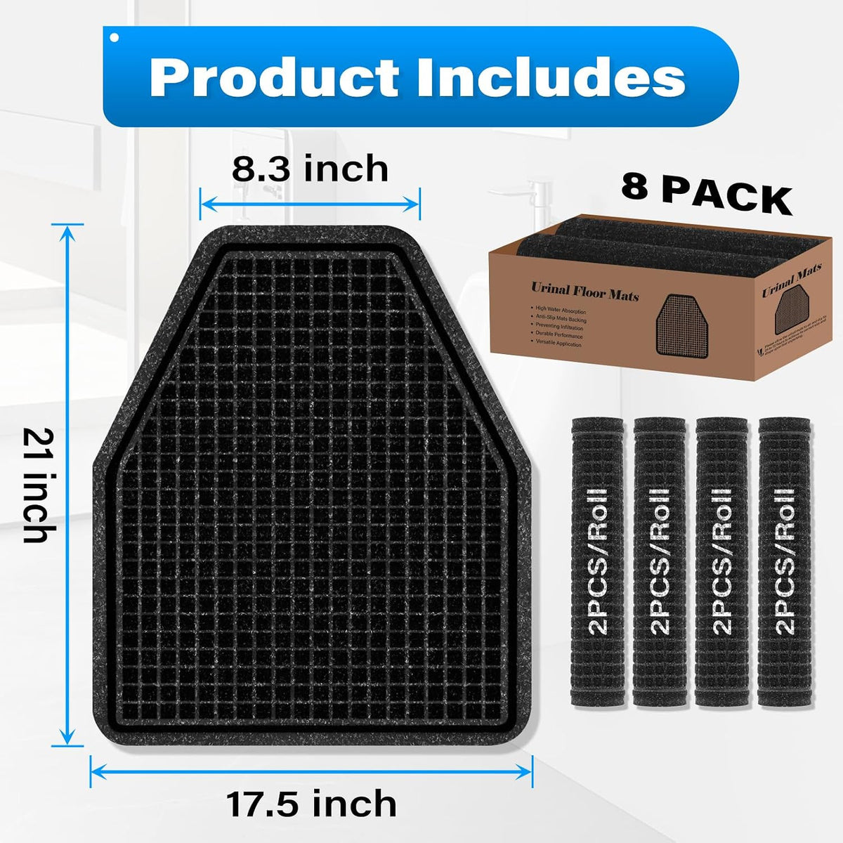 8 Pack Urinal Floor Mats Non-Slip Heavy Duty Absorbent Bathroom Pads