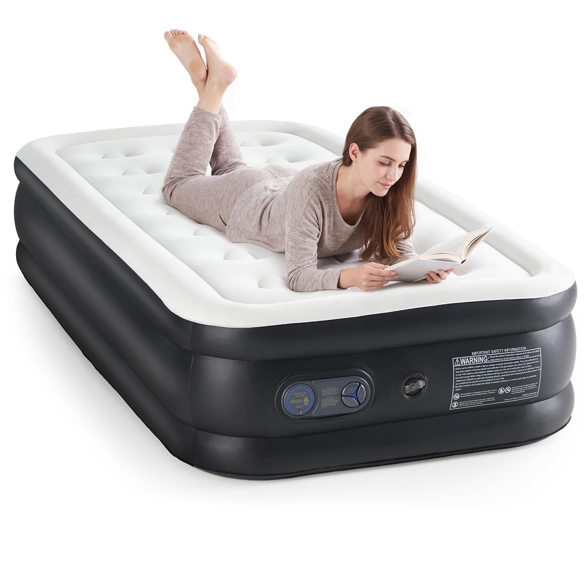 18-Inch Twin Air Mattress with Built-In Pump, Flocking Top, White
