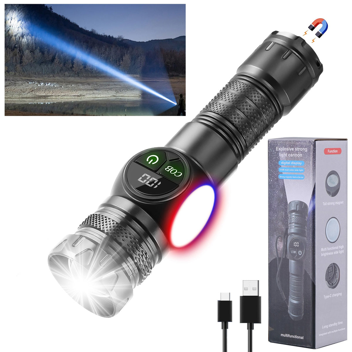Rechargeable COB LED Work Light with Magnetic Base, 990000lm, 3 Modes