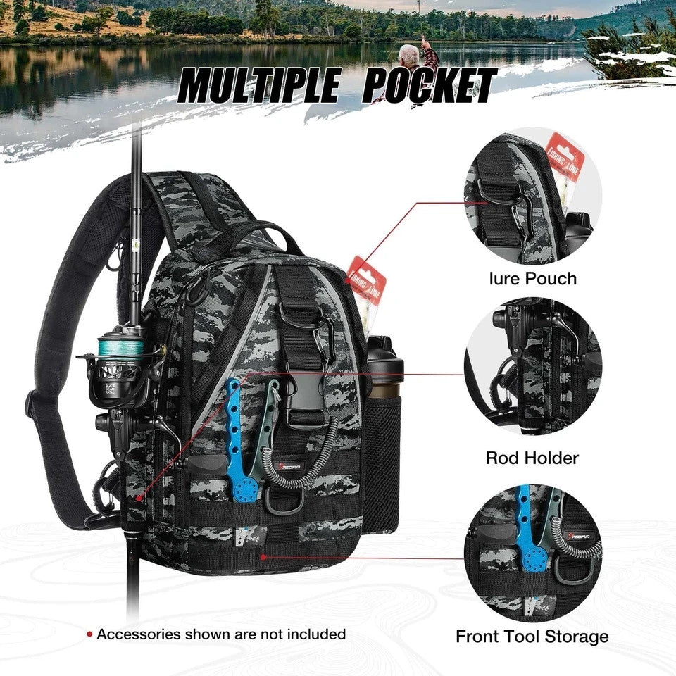 Fishing Backpack with Rod Holder - Lightweight Tackle Sling Bag Water-Resistant