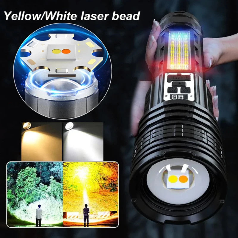 High-Power LED Flashlight with Long Range Zoom, COB Side Light & 15000mAh Battery