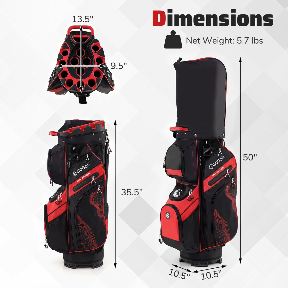Golf Cart Bag with 14-Way Full Length Dividers and Multiple Pockets