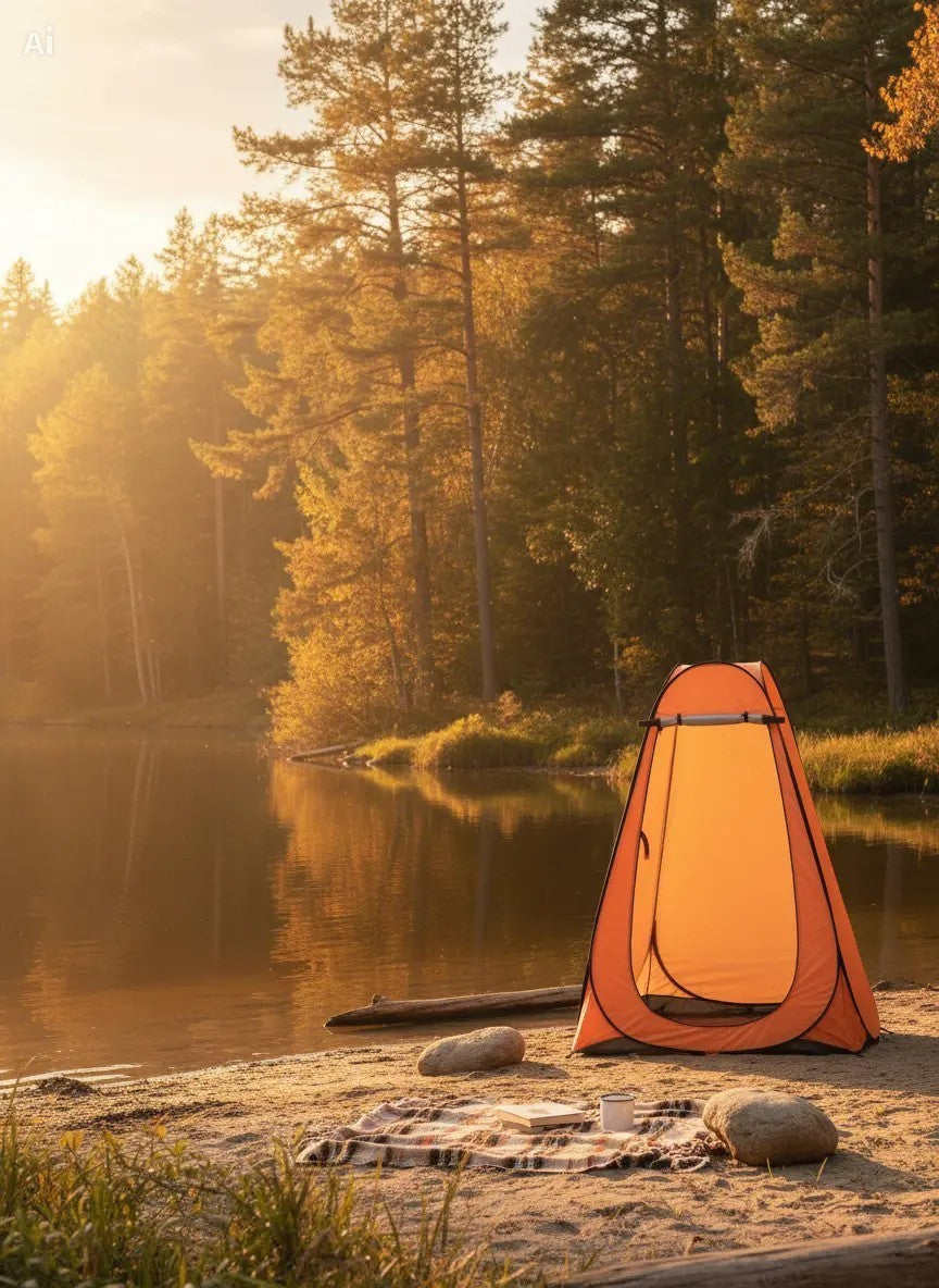 Orange Pop Up Privacy Shower Tent for Camping and Outdoor Use