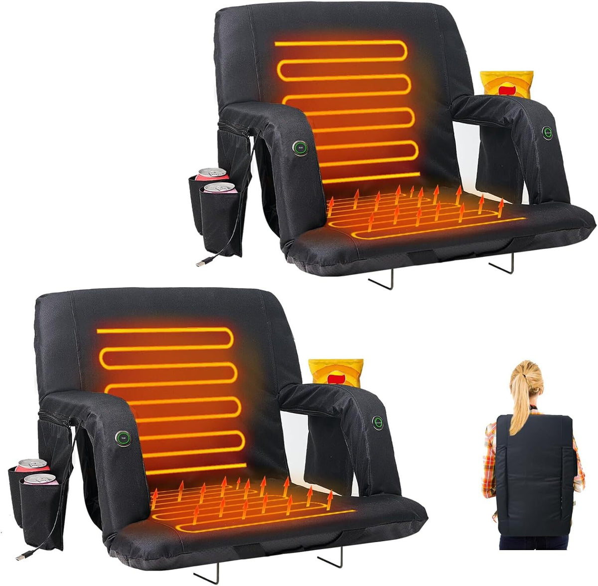 Heated Stadium Seat with Back Support & Reclining Positions - USB Power