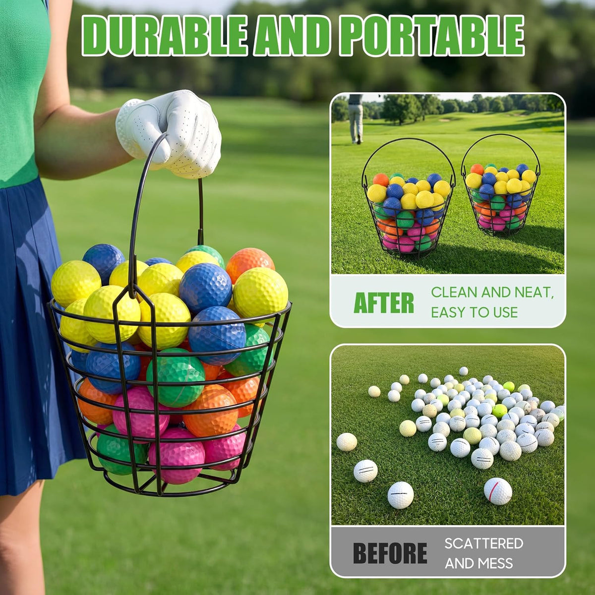 Metal Golf Ball Basket Set with Handle - Holds 50 Balls Each, Practice Range Storage Bin