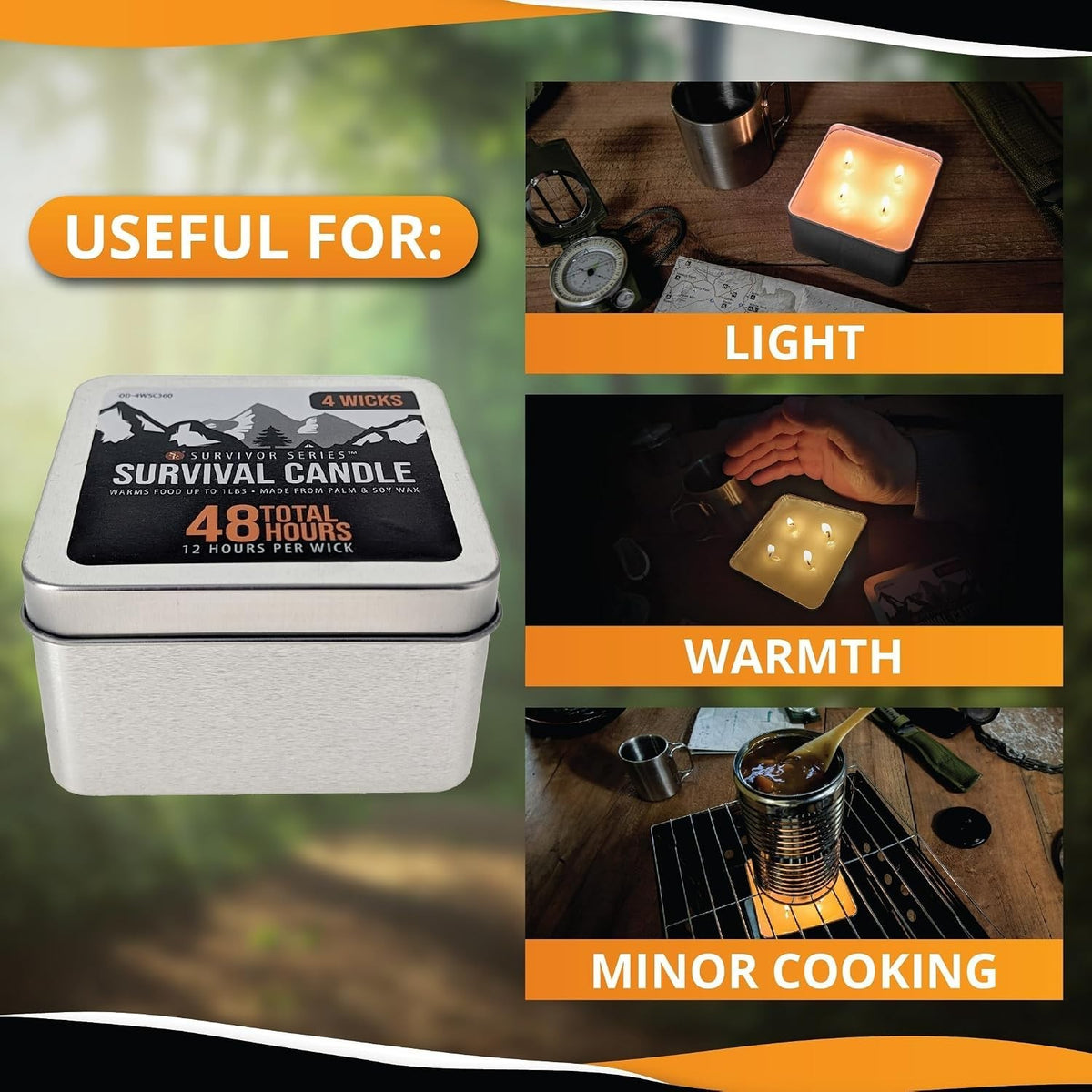 Survival Candle in Tin Box with 4 Wicks, 48 Hour Burn Time, Palm and Soy Wax