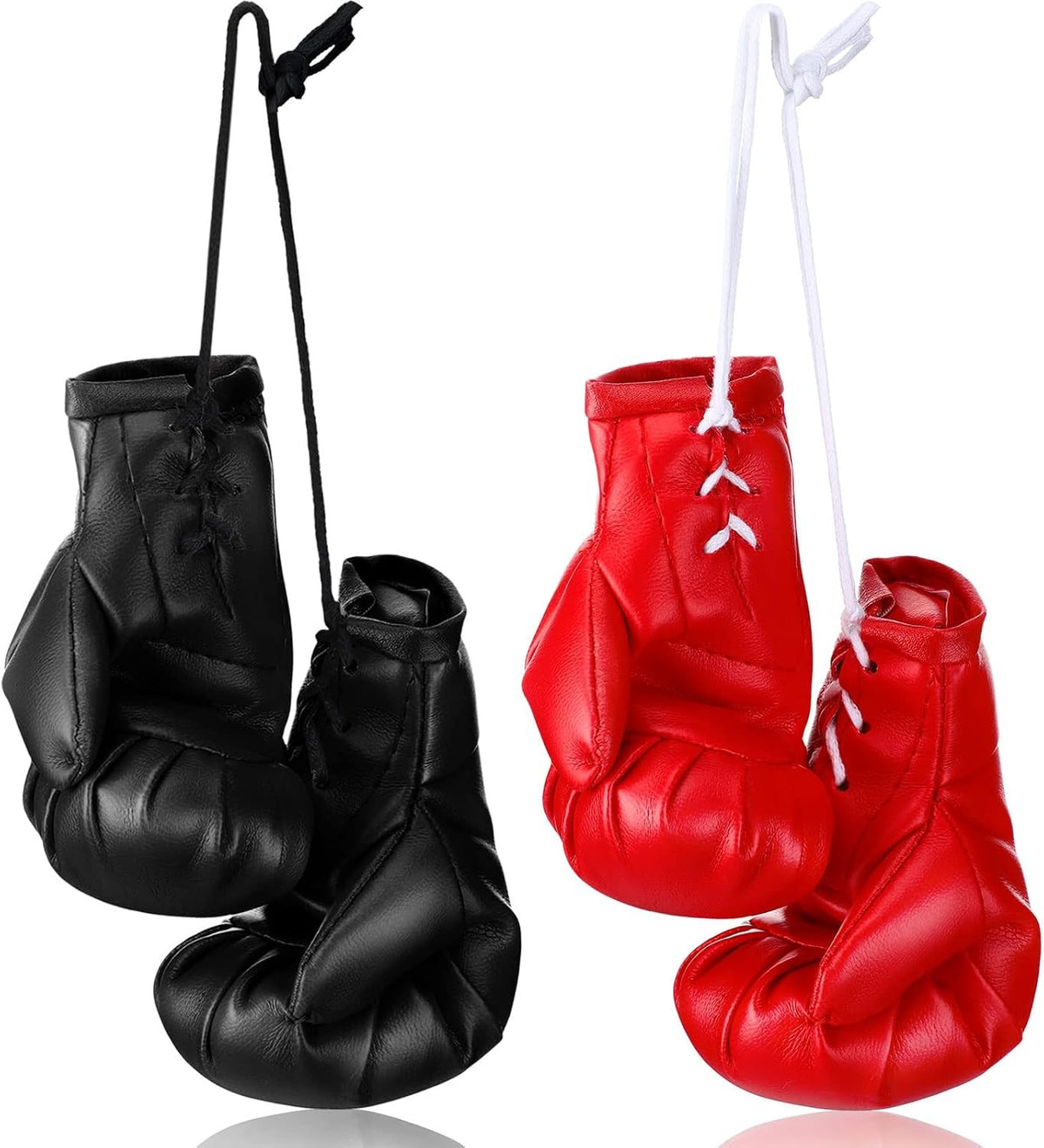 Mini Boxing Gloves Car Mirror Decorations - 2 Pairs Black & Red Leather