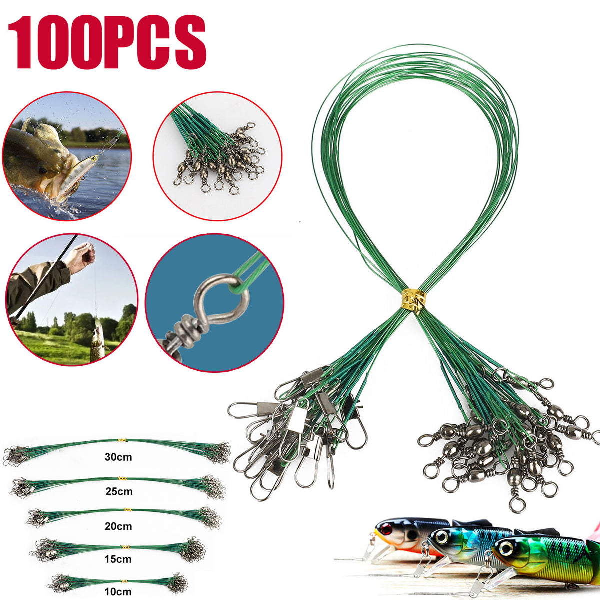 Stainless Steel Fishing Wire Leaders with Snap Swivels - 100 Pack