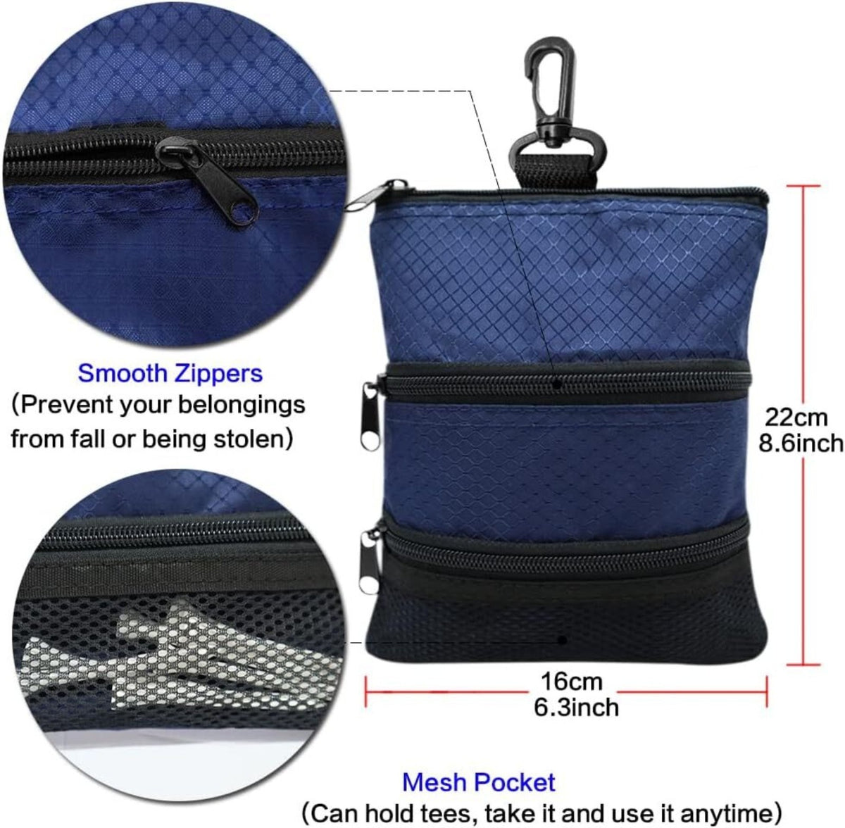 Golf Bag Valuables Pouch with Multiple Pockets and Zipper Hook - Portable Golf Accessory