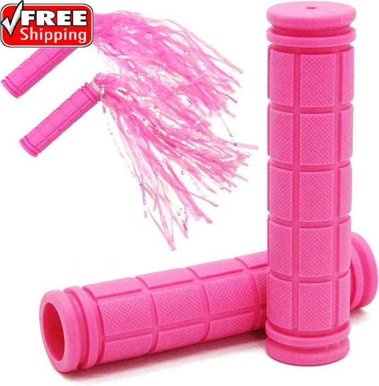 Bike Handlebar Grips with Tassel Streamers for Kids & Adults - Non-Slip Silicone