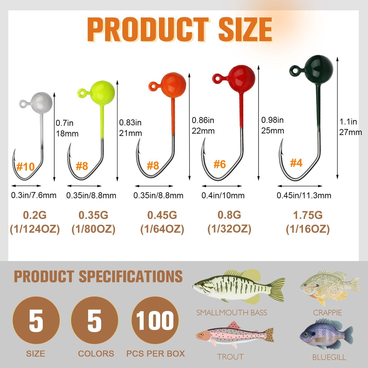 100pcs Fly Tying Jig Heads 1/64oz Small Fishing Hooks for Crappie Perch