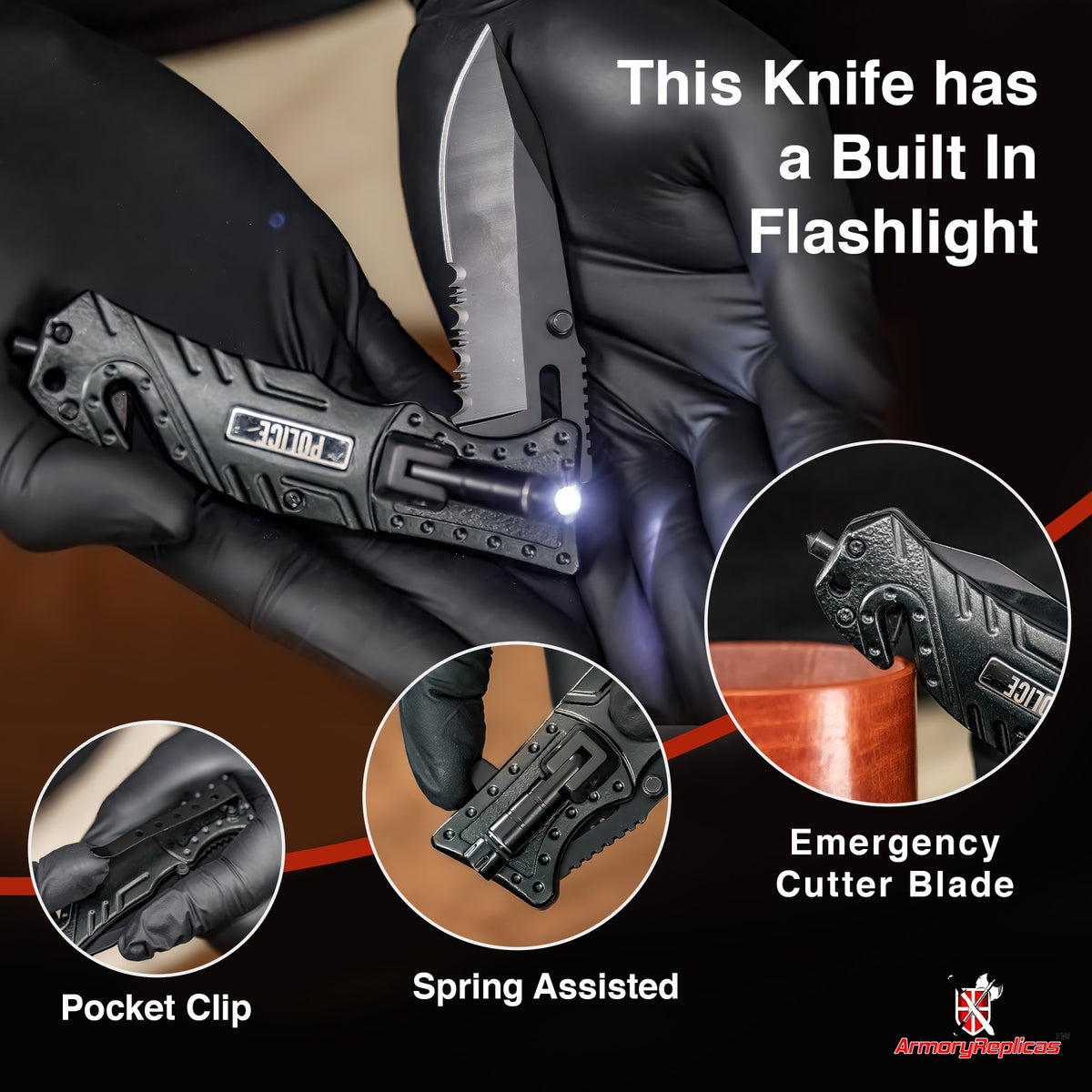 Emergency Tactical Knife with LED Light, Glass Breaker & Seat Belt Cutter