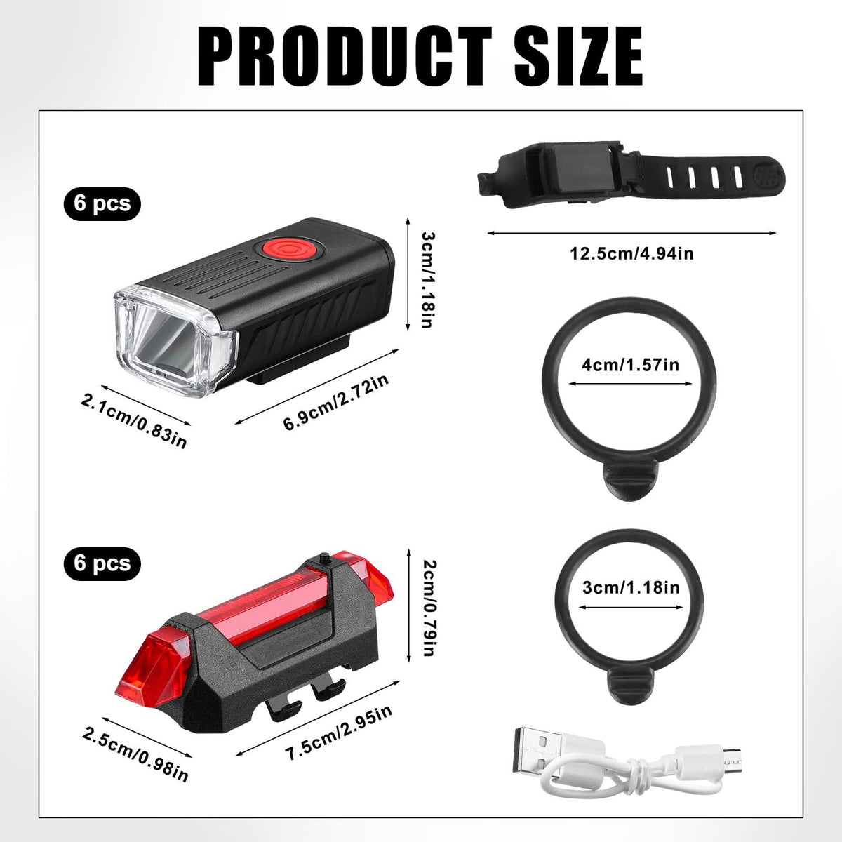 6 Sets Bicycle Front and Rear Lights Waterproof USB Rechargeable for Night Riding