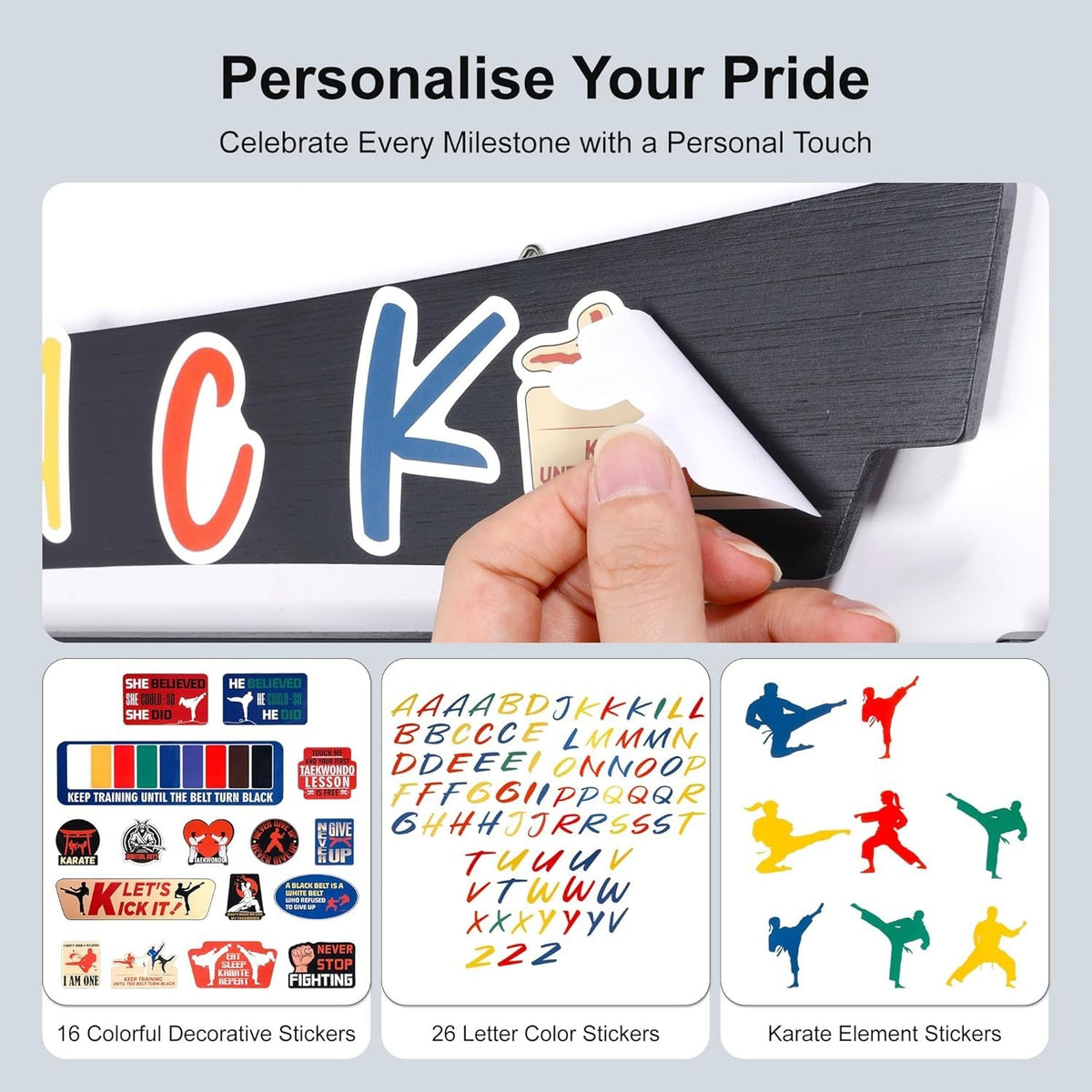 Personalized Martial Arts Belt Display Rack with 10 Belt Capacity and Sticker Set