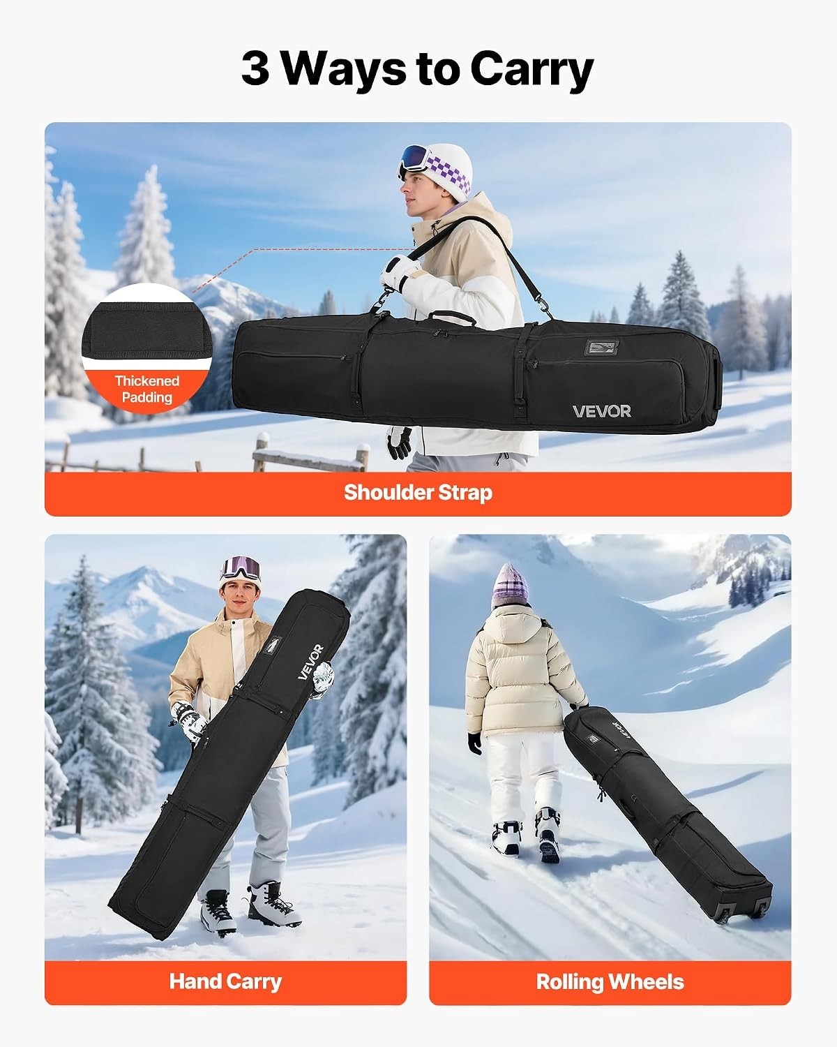 Waterproof Ski & Snowboard Roller Bag with Wheels - Padded Travel Bag for Winter Sports