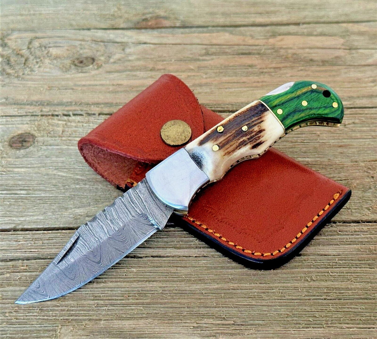 Handmade Damascus Folding Knife with Multiple Color Variants