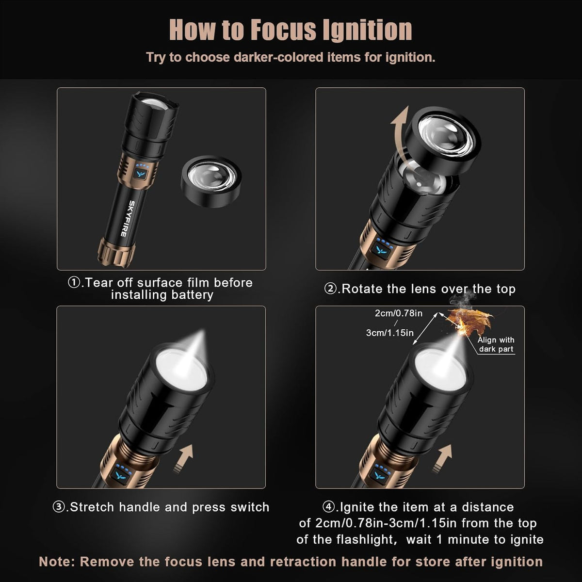 High-Lumen Rechargeable LED Flashlight with Fire Starting Lens Waterproof