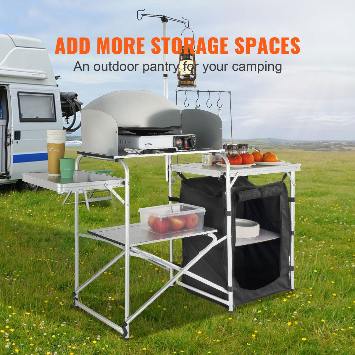 Portable Camping Kitchen Table with Folding Design and Storage