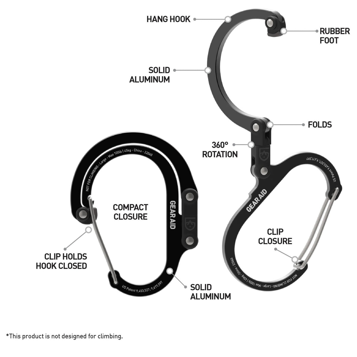 Aluminum Heroclip Large Clip with 100 lb Max Load for Camping and Gear