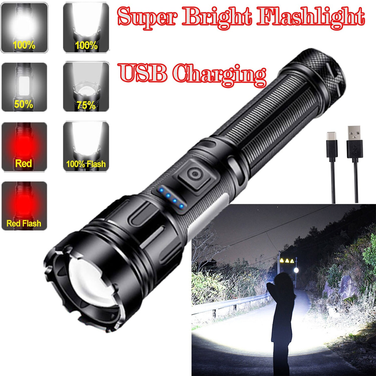 Rechargeable 1,000,000 Lumens LED Tactical Flashlight with COB Side Light and Long Range Beam