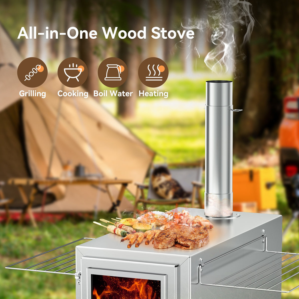 Portable Stainless Steel Tent Stove for Camping, Wood Burning & Heating