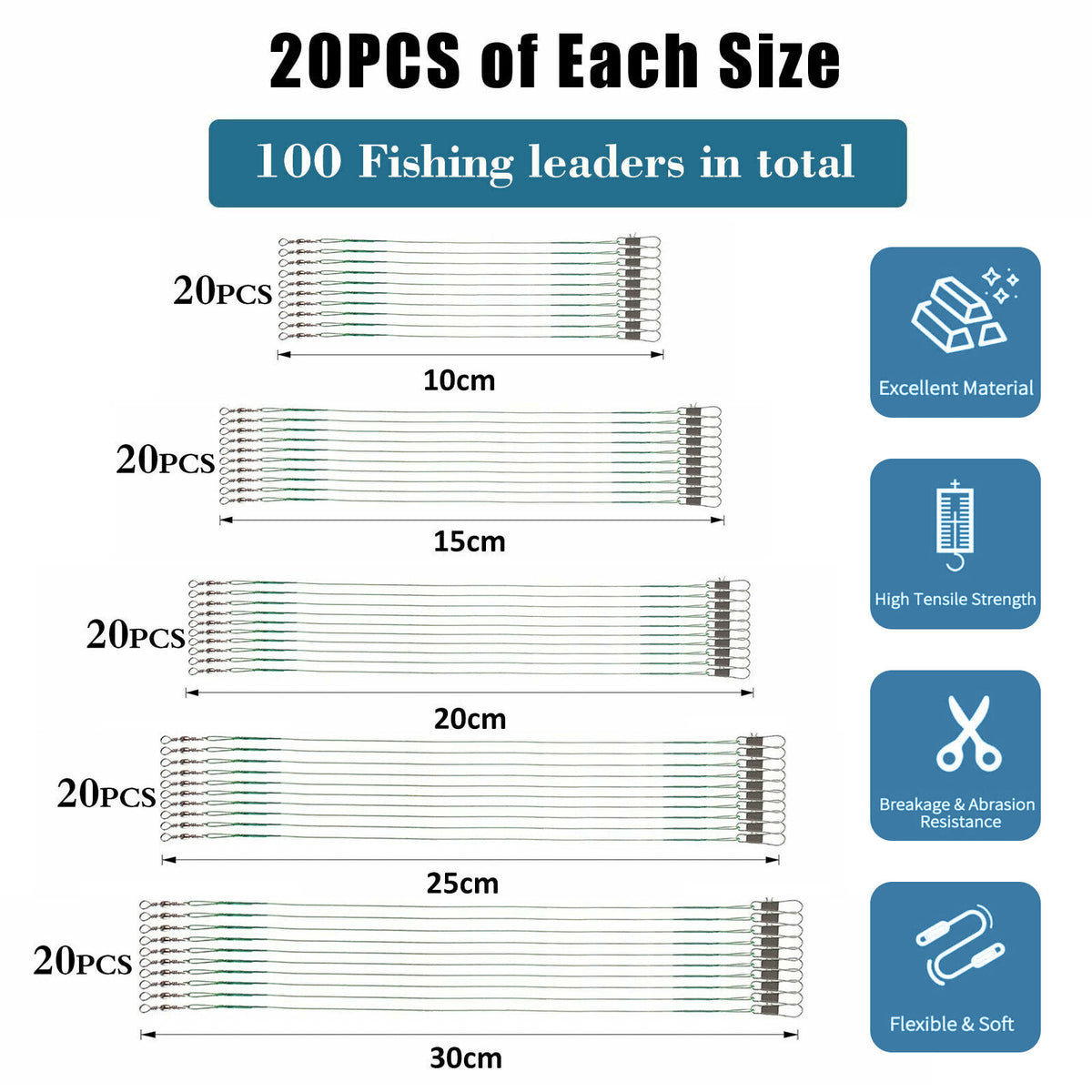 Stainless Steel Fishing Wire Leaders with Snap Swivels - 100 Pack