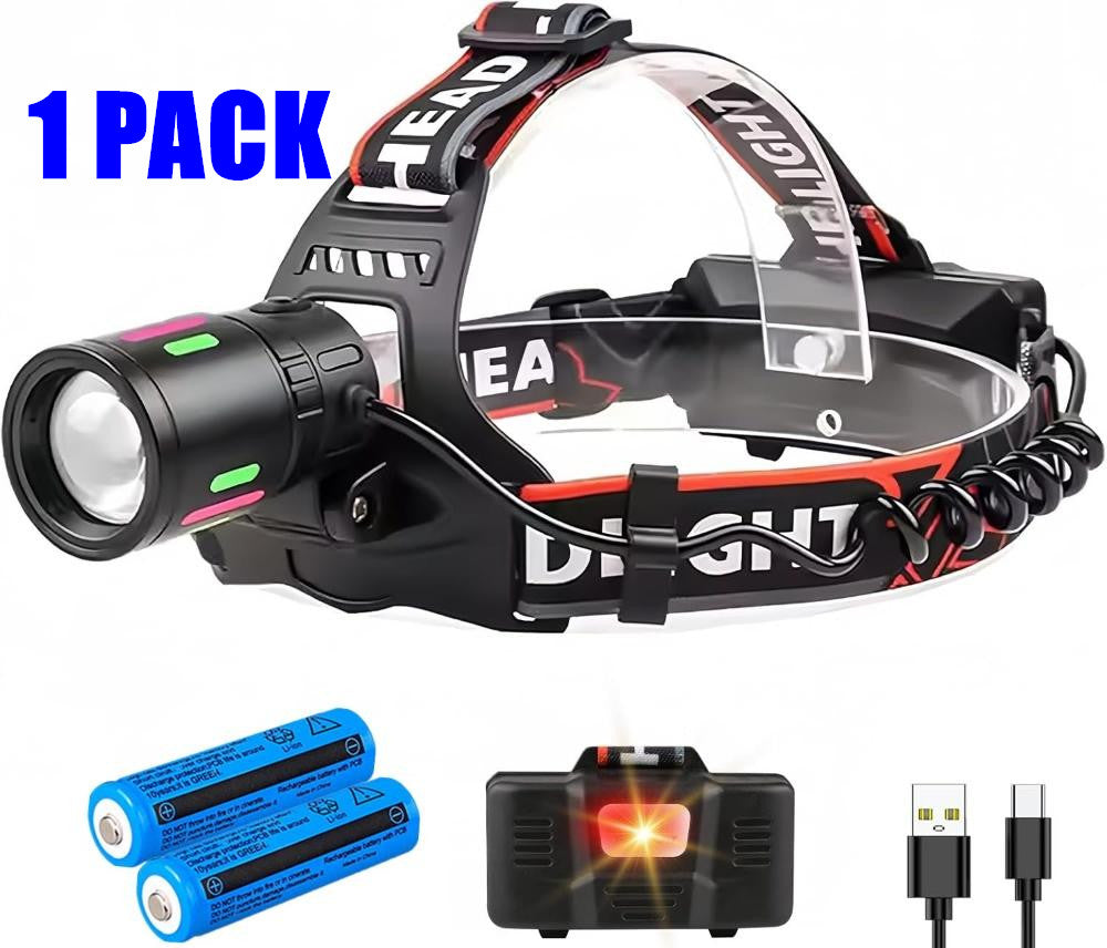 Rechargeable LED Headlamp with Zoomable Focus, 990000LM, Waterproof, 90° Swivel, USB-C Charging