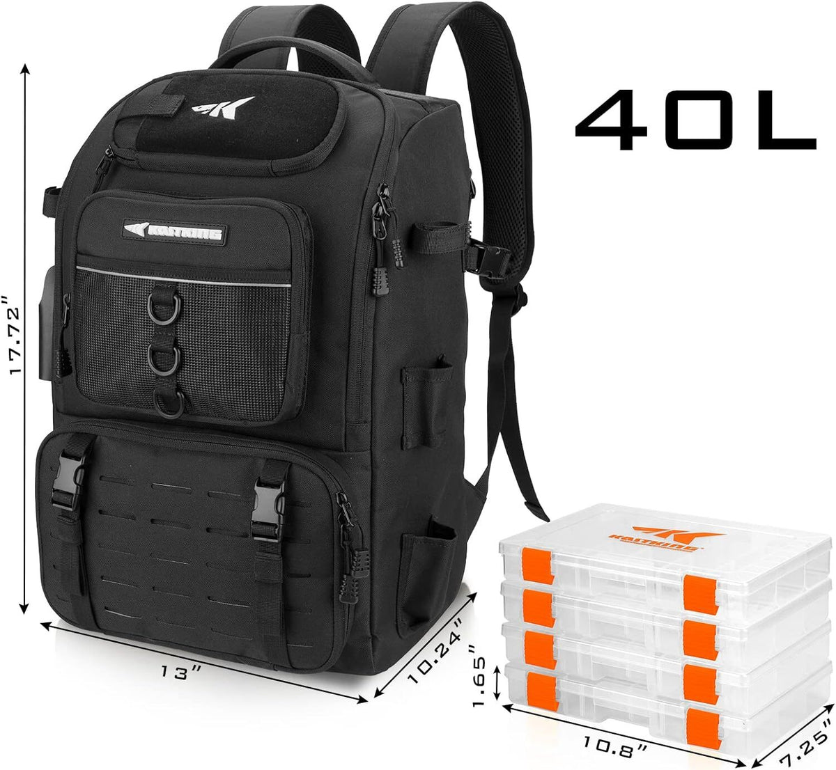 Fishing Tackle Backpack with Rod Holders 4 Tackle Boxes 40L Outdoor Bag