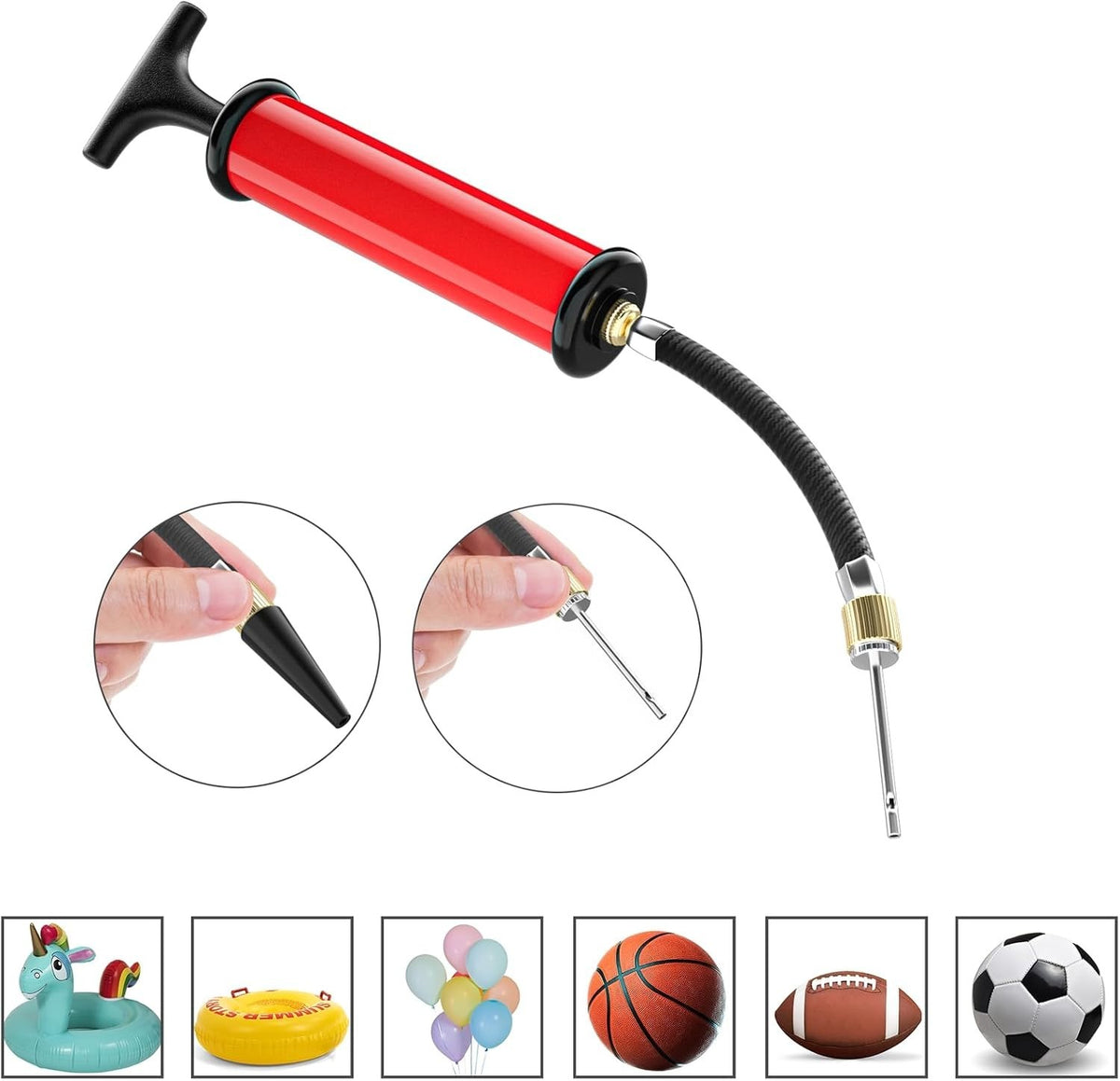 Portable Sports Ball Pump Kit with 5 Needles, Nozzle, Hose & Carry Bag