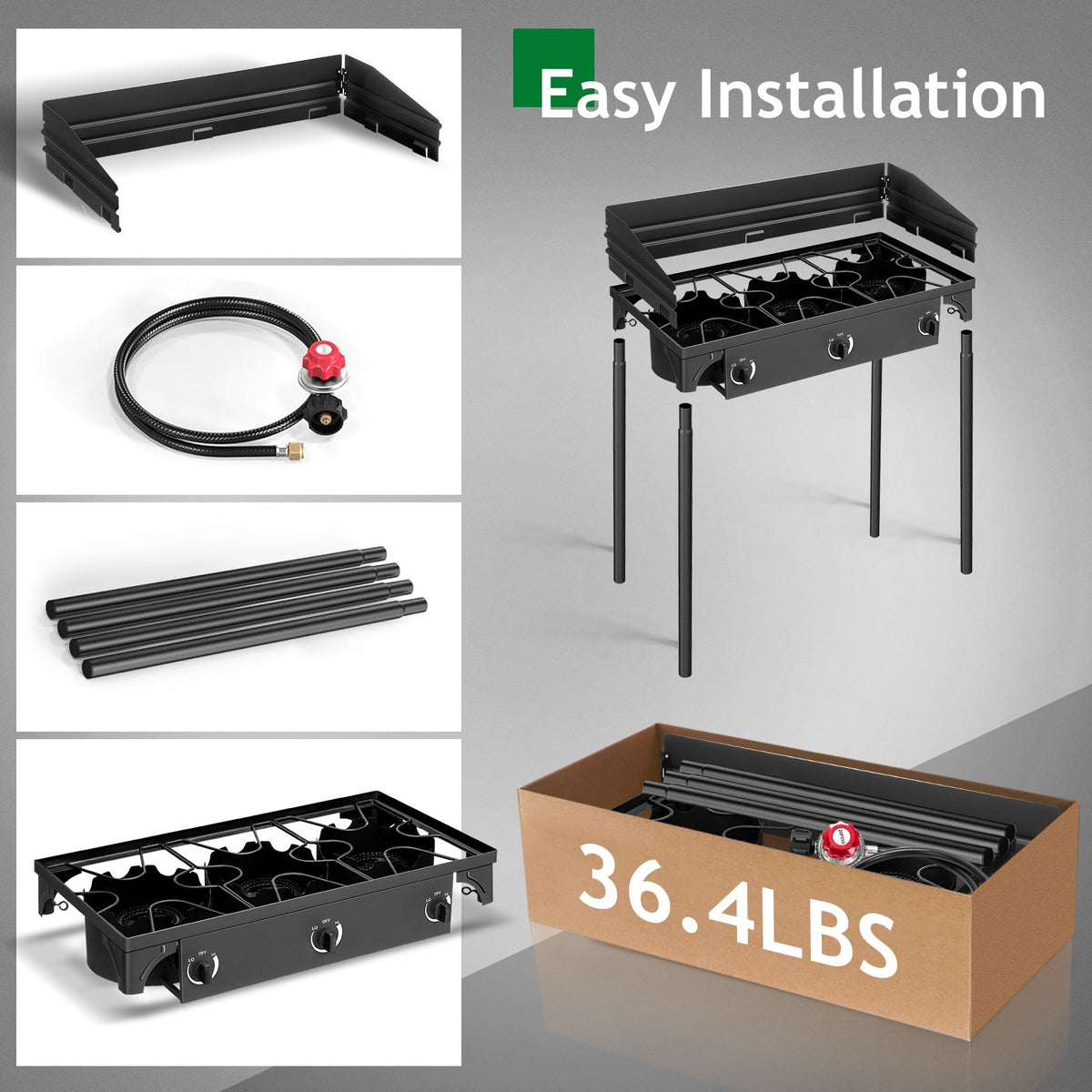 Portable 225,000 BTU 3 Burner Camping Gas Stove Outdoor Cooktop with Windshield
