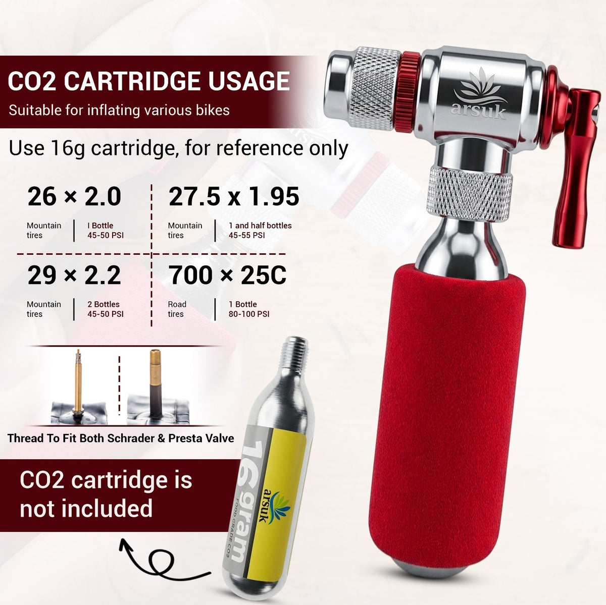 Mini CO2 Bike Tire Inflator for Presta & Schrader Valves - Portable & Effortless