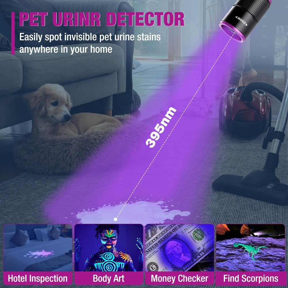 Rechargeable UV & White LED Flashlight with 4 Modes, Focus, Waterproof