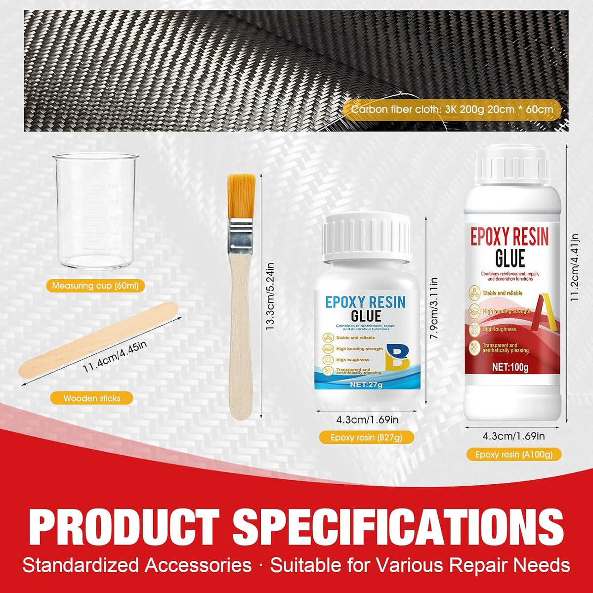Carbon Fiber Repair Kit for Bicycles, Cars & Crafts - 100G Epoxy & Cloth