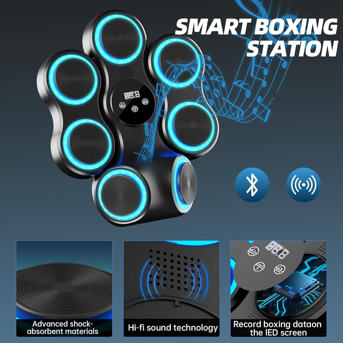 Interactive Boxing Machine with LED Lights and Bluetooth Speaker