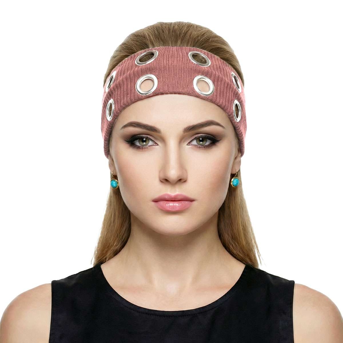 Wide Elastic Hair Band with Metal Grommets - Punk Edgy Headwear