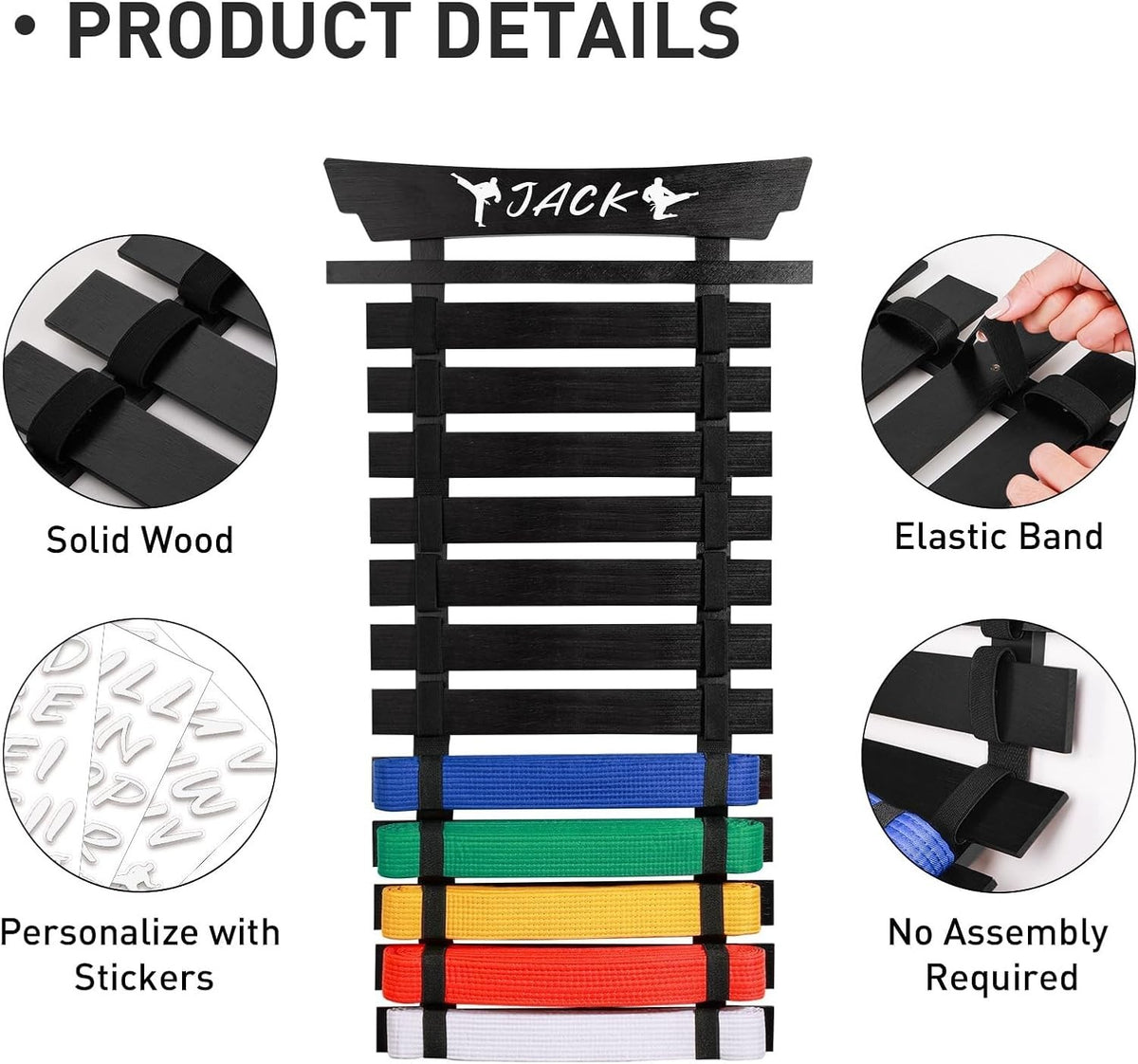 Wall-Mounted Martial Arts Belt Display Rack with Stickers for All Styles