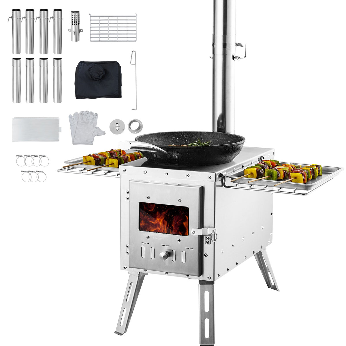 Portable Wood Stove for Camping Tent with Pipe - Stainless Steel
