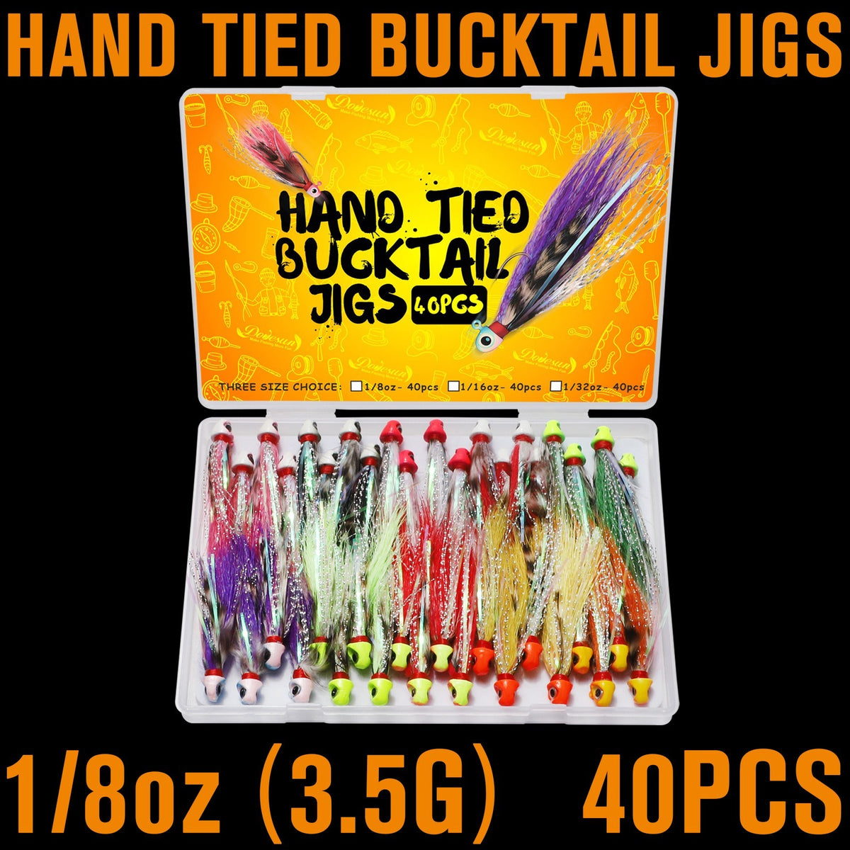40PCS Fishing Jigs Kit - Hand-Tied Crappie Bucktail Hair Lures with 3D Eyes and V-Style Hooks