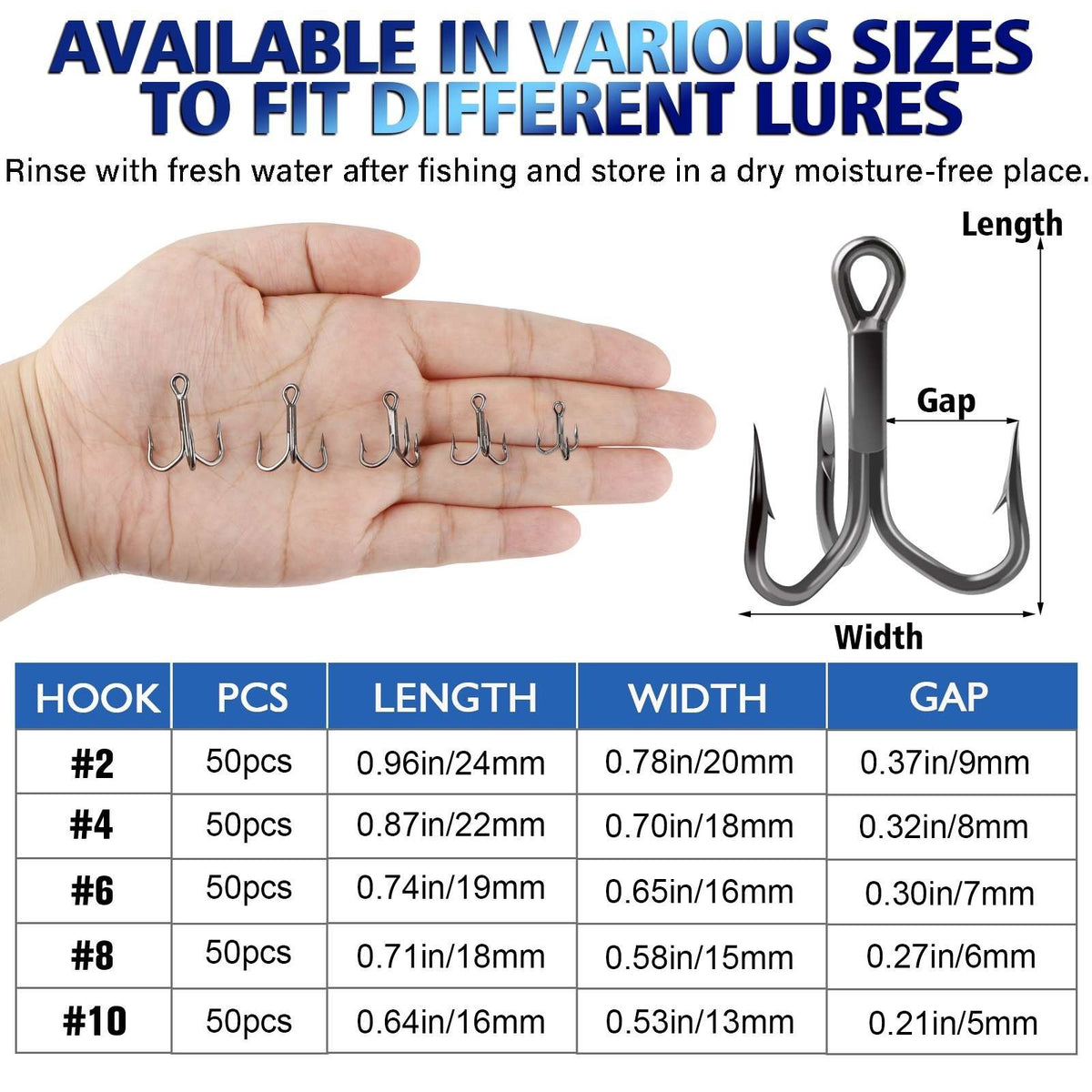 50pcs High Carbon Steel Treble Hooks Outward-Angled Point Fishing Hooks - Strong & Corrosion-Resistant