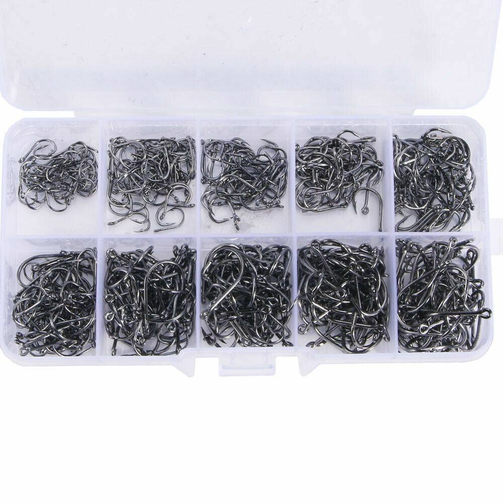 1000PCS Fishing Hooks Set - 10 Sizes Barbed Saltwater & Freshwater Tackle Kit with Storage Box