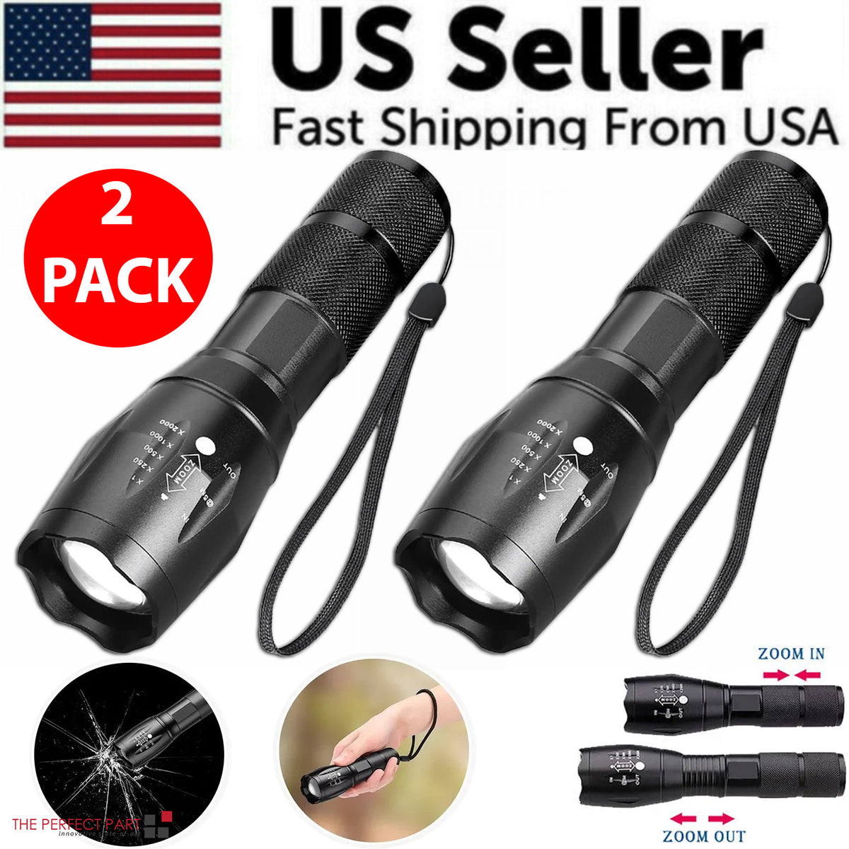 Super-Bright 90000LM LED Tactical Flashlight 2 Pack, 5 Modes, Zoomable
