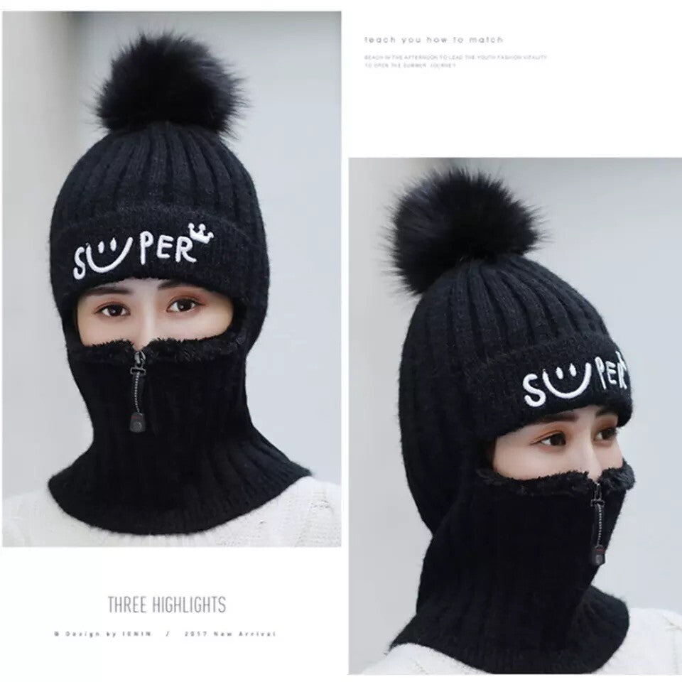 Double-Layer Fleece Winter Hat Beanie with Face and Neck Cover - Multiple Colors