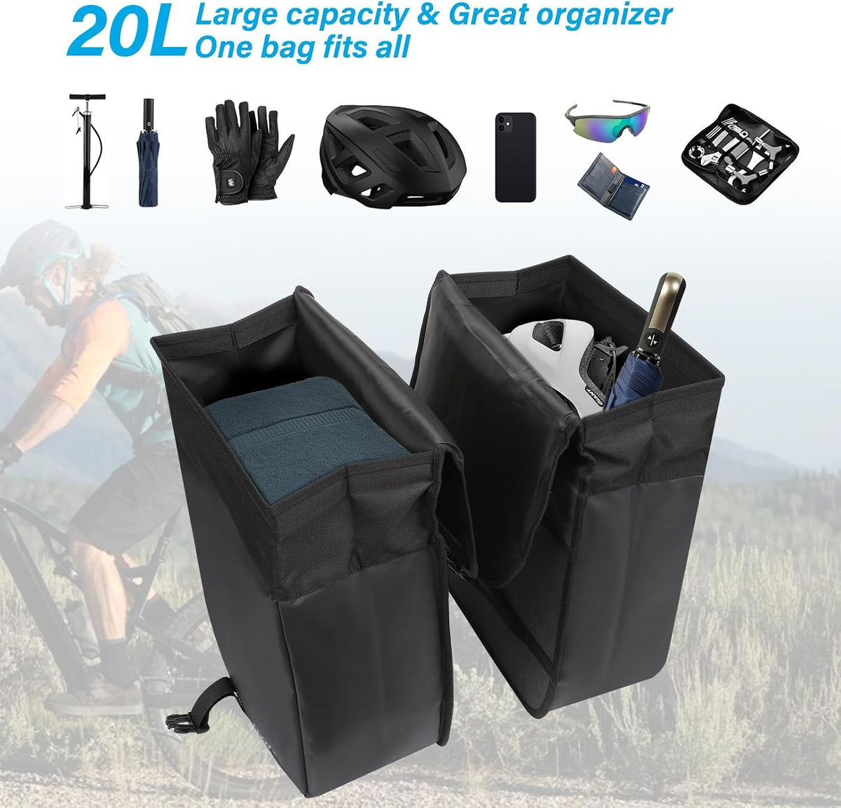 Waterproof 20L Bike Panniers 2-Pack Rear Rack Bags Cycling Storage