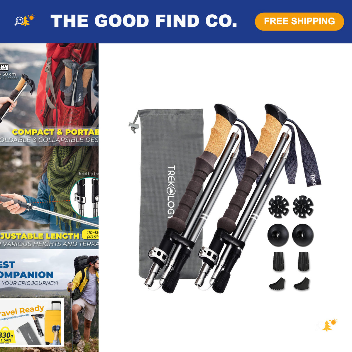 Lightweight Collapsible Hiking Trekking Poles with Cork Grip - Adjustable & Durable