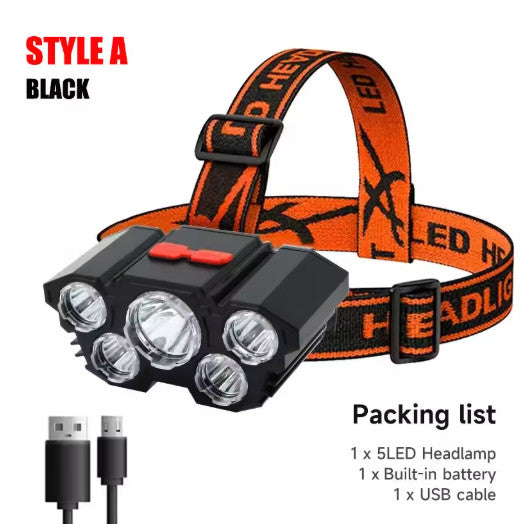 Rechargeable 5 LED Headlamp with Zoom Focus - USB Head Torch for Camping Hiking Repair